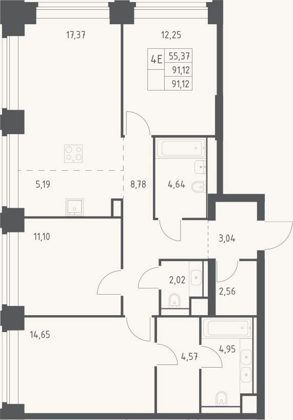 Планировка: 4+ к, 91,1 м²