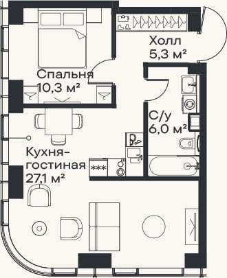 Планировка: 2-к, 48,7 м²