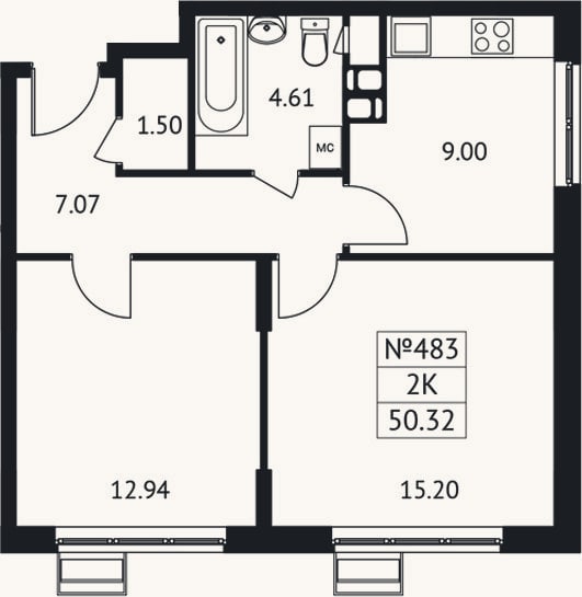 Планировка: 2-к, 50,3 м²