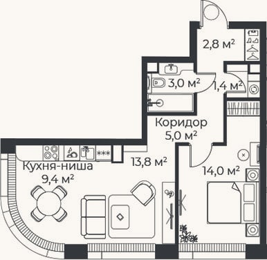 Планировка: 2-к, 49,5 м²