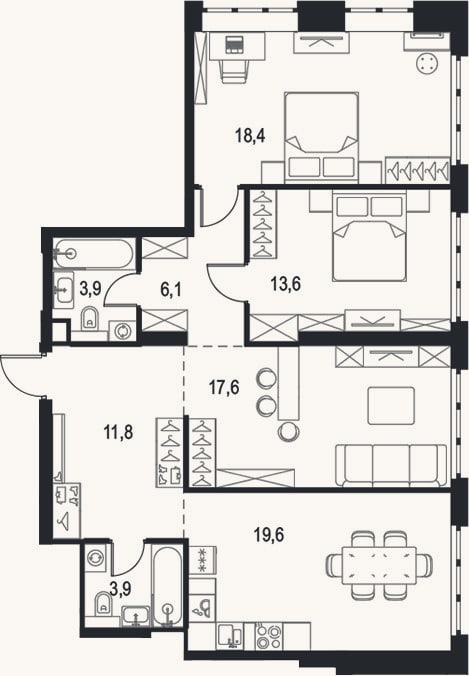 Планировка: 4+ к, 94,9 м²