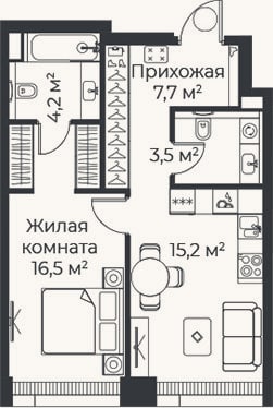 Планировка: 2-к, 47,1 м²