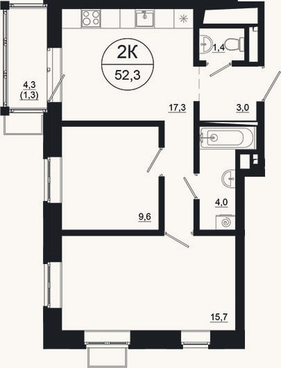 Планировка: 2-к, 51 м²