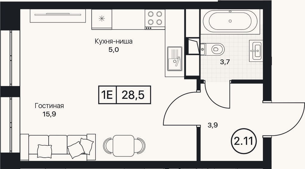 Планировка: Студия, 28,5 м²
