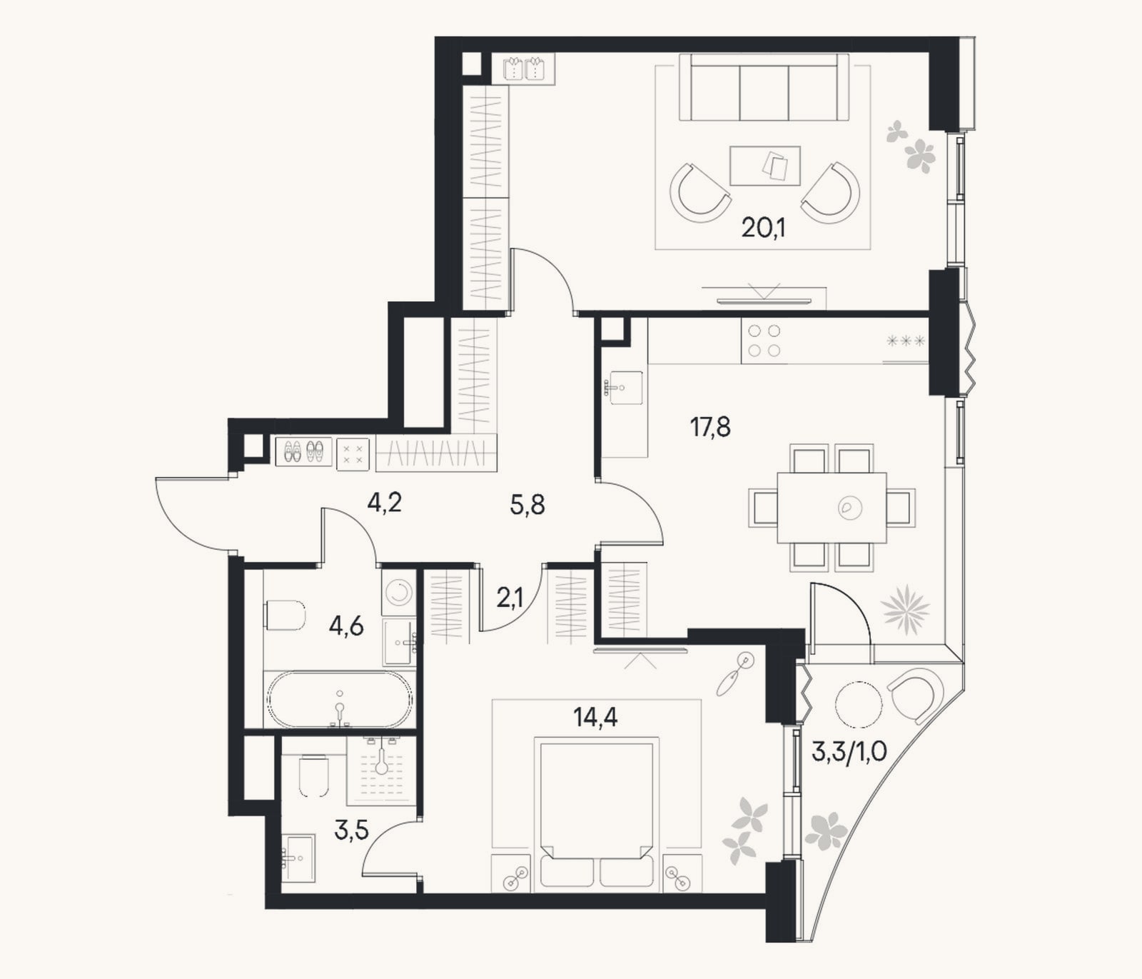 Планировка: 2-к, 72,5 м²