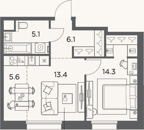 Планировка: 1-к, 44,5 м²