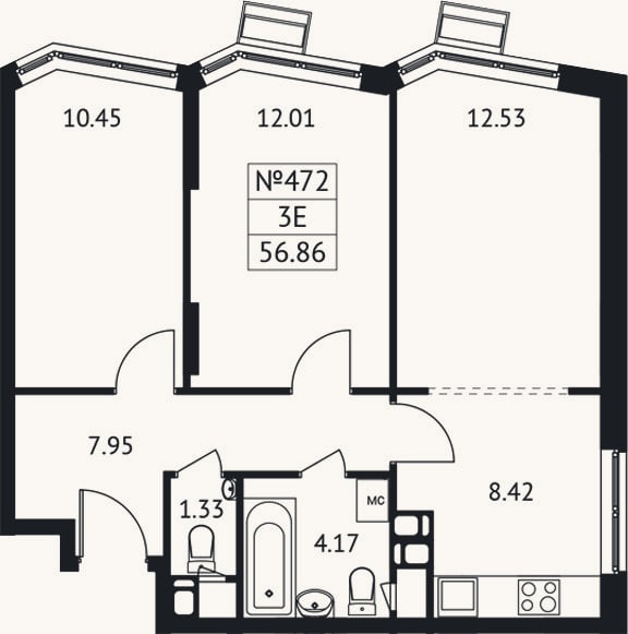 Планировка: 3-к, 56,9 м²