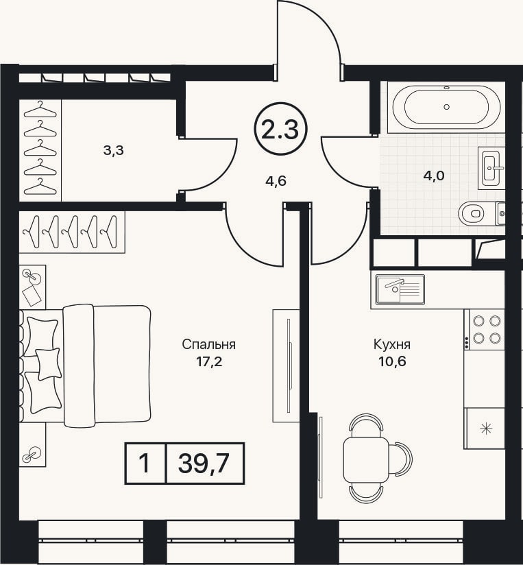 Планировка: 1-к, 39,7 м²