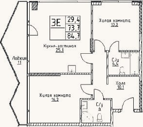 Планировка: 3-к, 73,7 м²