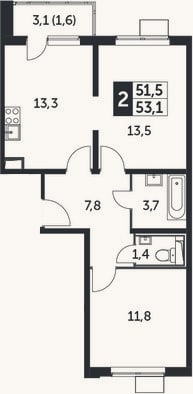 Планировка: 2-к, 51,5 м²