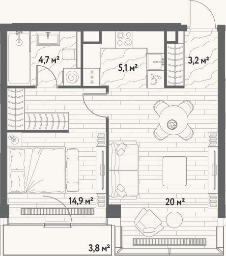 Планировка: 2-к, 47,9 м²