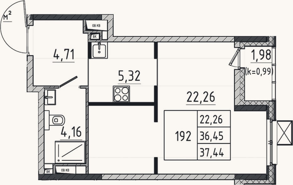 Планировка: Студия, 36,5 м²
