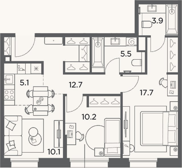 Планировка: 3-к, 65,2 м²