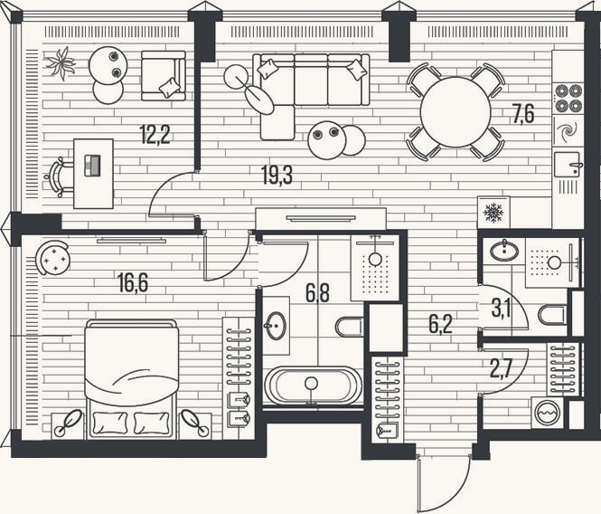Планировка: 3-к, 74,5 м²