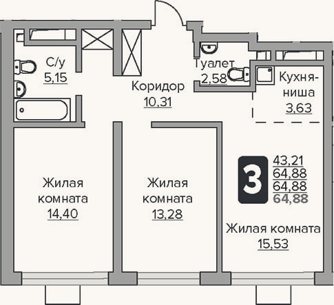 Планировка: 3-к, 64,9 м²