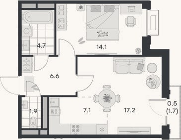Планировка: 2-к, 51,6 м²