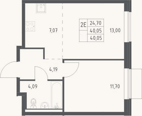 Планировка: 2-к, 40,1 м²
