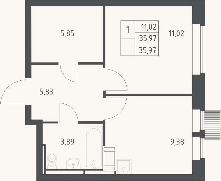 Планировка: 1-к, 36 м²