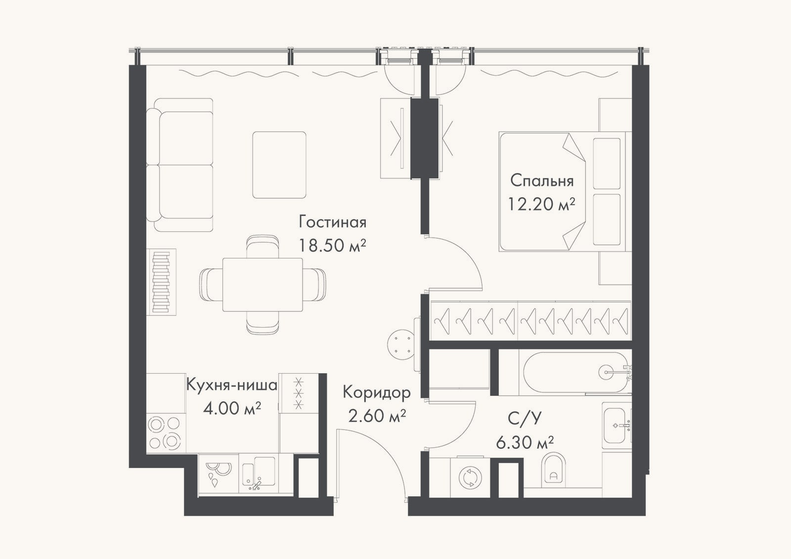 Планировка: 2-к, 43,6 м²