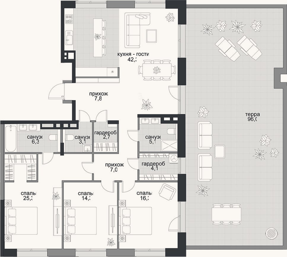 Планировка: 4+ к, 134,8 м²