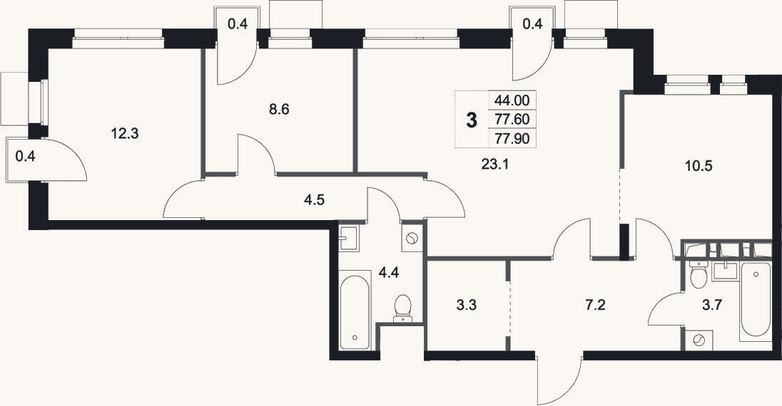 Планировка: 3-к, 77,6 м²