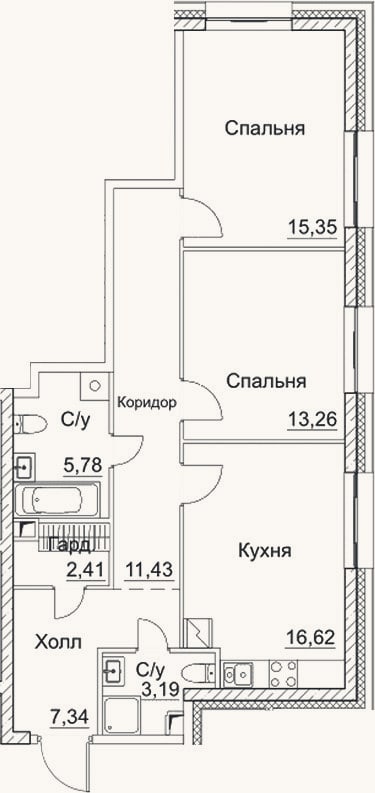 Планировка: 3-к, 75,4 м²