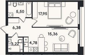 Планировка: 2-к, 53,2 м²