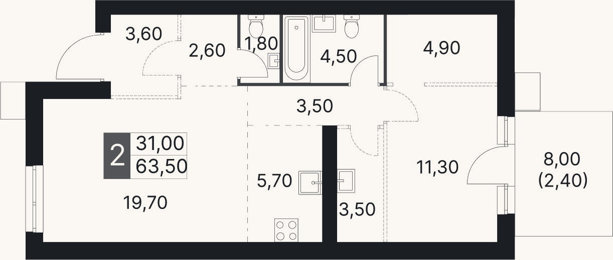 Планировка: 2-к, 61,1 м²