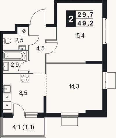 Планировка: 2-к, 48,1 м²