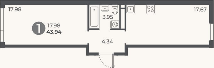 Планировка: 1-к, 43,9 м²