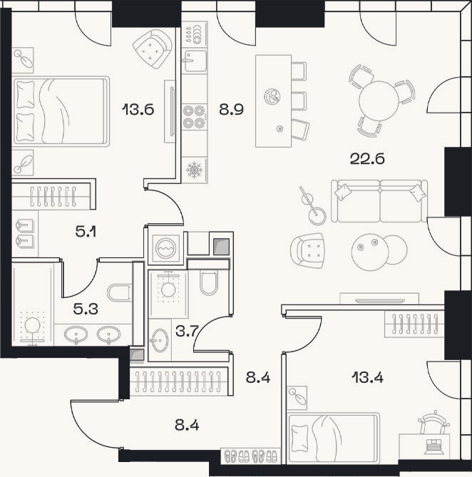 Планировка: 3-к, 90,3 м²