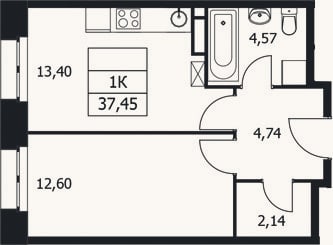 Планировка: 1-к, 37,5 м²