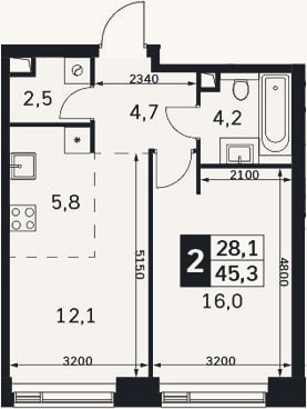 Планировка: 2-к, 45,3 м²