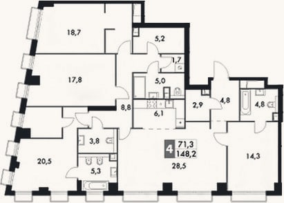 Планировка: 4+ к, 148,2 м²