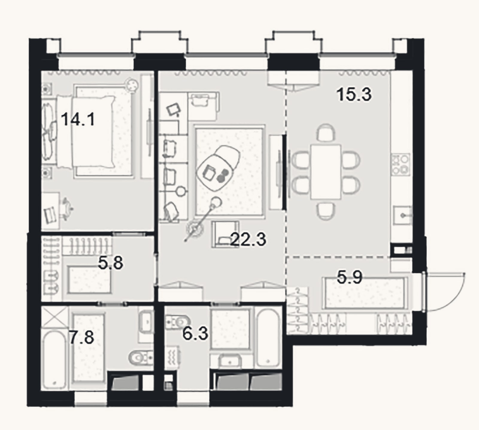 Планировка: 2-к, 77,5 м²