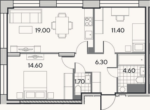 Планировка: 3-к, 57,6 м²
