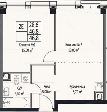 Планировка: 2-к, 46,8 м²