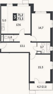 Планировка: 3-к, 71,2 м²