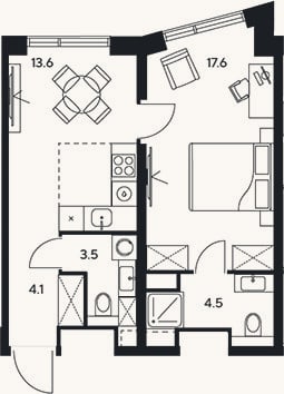 Планировка: 1-к, 43,3 м²