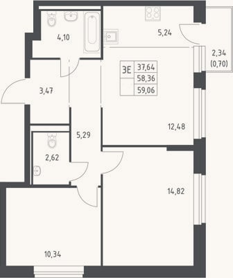Планировка: 3-к, 58,4 м²