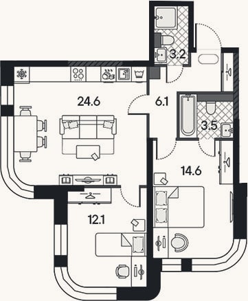 Планировка: 3-к, 64,1 м²