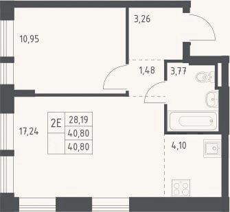 Планировка: 2-к, 40,8 м²