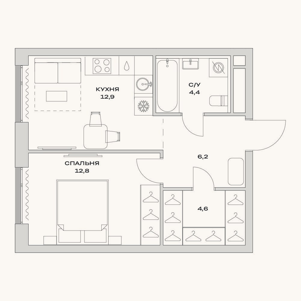 Планировка: 1-к, 40,9 м²