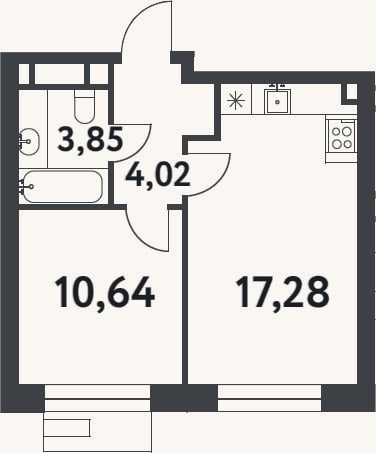 Планировка: 1-к, 35,8 м²