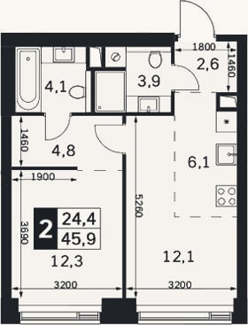 Планировка: 2-к, 45,9 м²