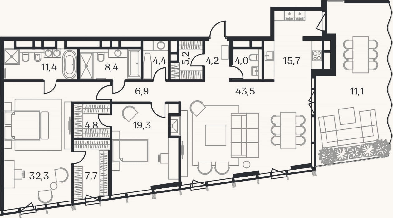 Планировка: 3-к, 152,4 м²