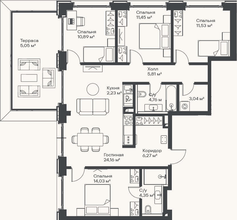 Планировка: 4+ к, 98,5 м²