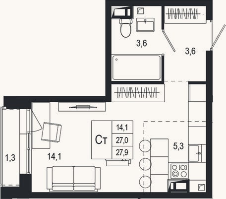 Планировка: Студия, 27 м²