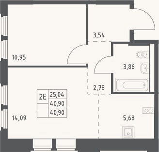 Планировка: 2-к, 40,9 м²