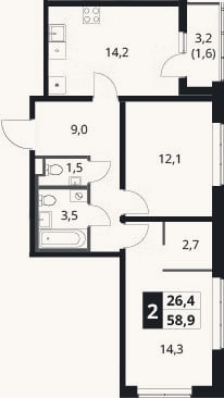 Планировка: 2-к, 57,3 м²